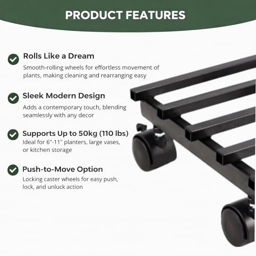Image of Plant Stand with Wheels - Heavy Duty Metal Rolling Plant Caddy for Pots & Planters, Rust-Proof Iron Trolley with 360 Rotating Wheels, Indoor Outdoor Balcony Garden Use (Black, Pack of 2)