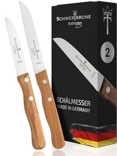Schwertkrone Set Couteaux à Fruits et Légumes Premium - Manche Bois d'Olivier, Lames Inoxydables 7,5/10 cm, Conçu à Solingen