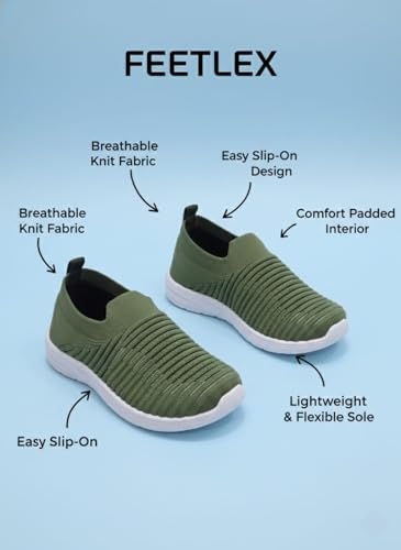 Image of Kids Slip-On Knit Sneakers, Olive Green, Lightweight Walking Shoes with White Sole