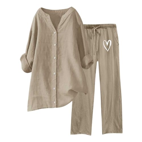 Bokeley Women's 2024 Fall 2 Piece Outfit Tracksuits Casual Linen Long Sleeve Tops and Wide Leg Pants Lounge Sets, Khaki-c, Small