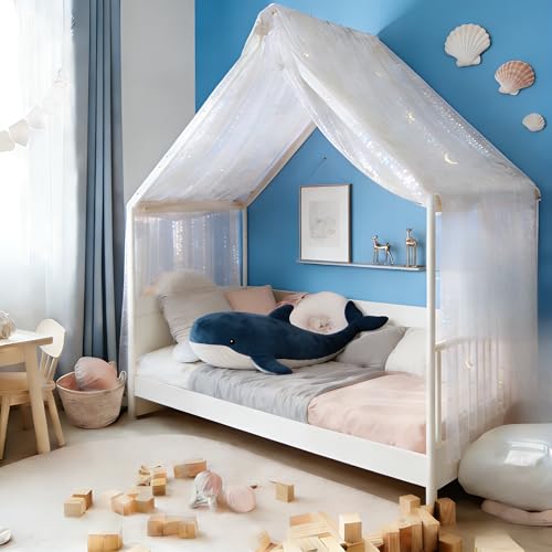 CozyWeave Canopy Bed Curtains Glitter Star Moon Twin Full Bed House Decor Toddler Kids Girls Room Scarf White Drapes Top Bunk Bed Canopy W60 x L158
