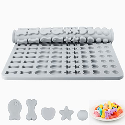 Backmatte Hundekekse Silikon Backmatte Hundeleckerlies 5 Formen in 1 BPA-freie Backunterlage Backform für DIY Hundekekse und Leckerlis (Hellgrau Blau, 130 Gitter, Halbkugel Fischgräte Stern Herzform)