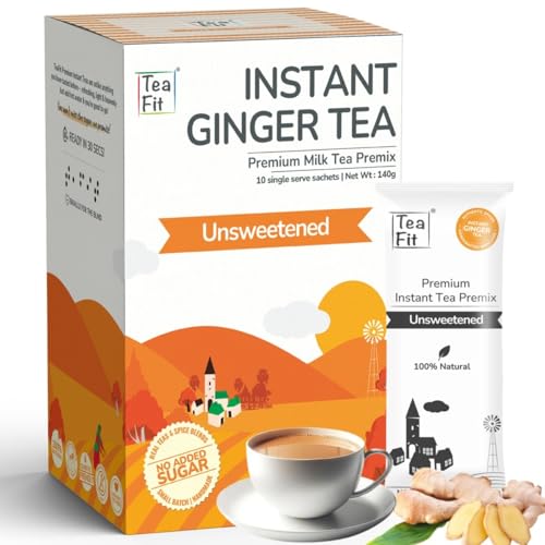 TeaFit Premium Unsweetened Ginger Instant Tea Premix - 10 Single Serve Sachets | Ready to Drink Instant Milk Tea Premix | Strong Home Like Adrak Chai | No Added Artificial Sugar
