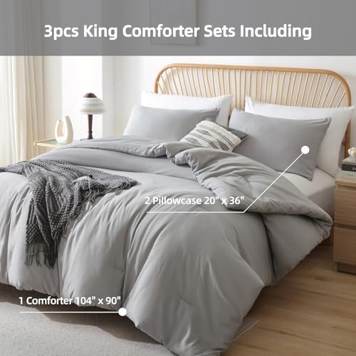 Image of ROSGONIA King Size Comforter Set Grey, 3pcs King Comforter Set (1 Gray Comforter & 2 Pillowcases) All Season Soft Lightweight Bedspread Blanket Quilt