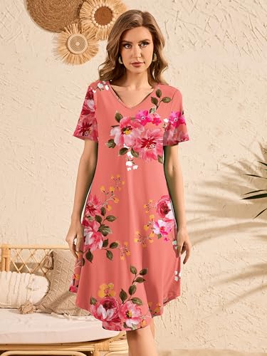 Image of DEARCASE Women's Short Sleeve Casual Sweater Tunic Dress V-Neck Loose Boho Knee Length Fall Summer Petite Stretch A-Line Wedding Guest Flowy Swing Tshirt Dresses Honey Powder Flower X-Large