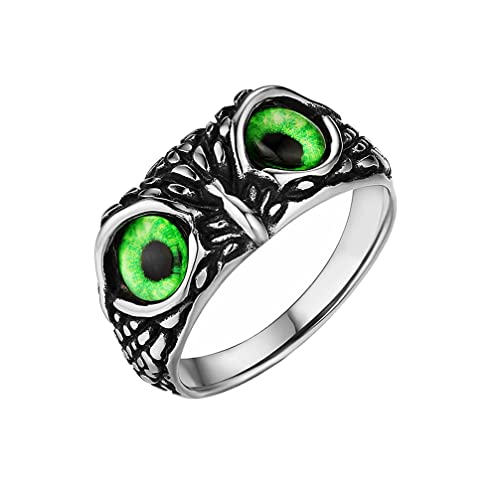 PAMTIER 10MM Unisex Stainless Steel Vintage Gothic Demon Eye Owl Biker Ring with Green Gemstone Eyes
