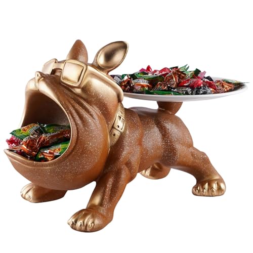 Image of Cool Bulldog Key Bowl & Accessory Tray - Matte Black & Gold Resin Dog Sculpture Multifunctional Organizer Showpiece for Keys Watches & Candy (Brown with Sprinkles, Dog with Tail Plate)