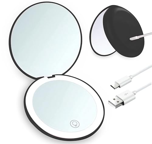 Giazee Miroir compact éclairé, rechargeable, grossissant x1/10, portable, lumière du jour naturelle, petit miroir de maquillage lumineux à intensité variable pour sac à main