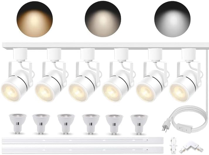 White 6PCS LED Track Lighting Kit with Advanced Replaceable GU10 Bulbs, Switchable 3CCT(3000K/4000K/6000K) and Dimmable Brightness(20%-100%), Versatile Ceiling Spotlight Fixtures for Any Space White 3CCT 6 Heads Kit 6 Heads