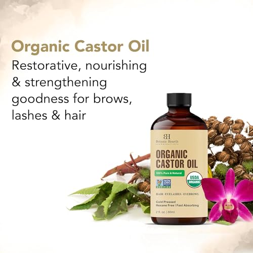 Image of Botanic Hearth Castor Oil | USDA Certified Organic |100% Pure & Hexane Free | Cold Pressed | Growth for Eyelashes, Eyebrows, Hair | With Eyebrow & Eyelash Brush | 2fl oz
