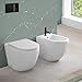 Sanitari filomuro con risciacquo a vortice e copriwc soft-close, sistema di scarico universale a parete o a terra, serie TAO
