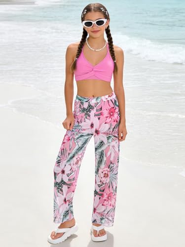 Image of Girls Swimsuit 3 Piece Bathing Suit Criss Cross Bikini Set Tropical Floral Swimwear with Mesh Cover Up Pants Size 9-16Y