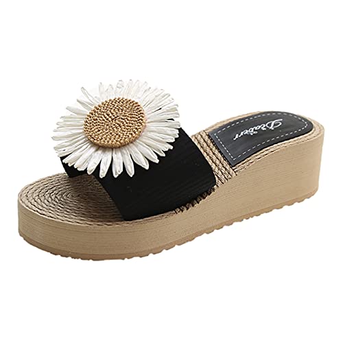 Ladies Summer Fashion Flowers Fresh Thick Sole Wedge Holiday Beach Outside Wear Slippers 2 Strap Sandals Women Cute (Black, 6.5)