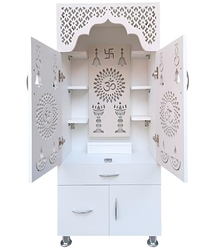 Image of Wooden Temple for Home | Handcrafted Pooja Mandir with Doors, Drawers & Shelves | Decorative Carved Design for Home, Office, Mandir & Spiritual Spaces