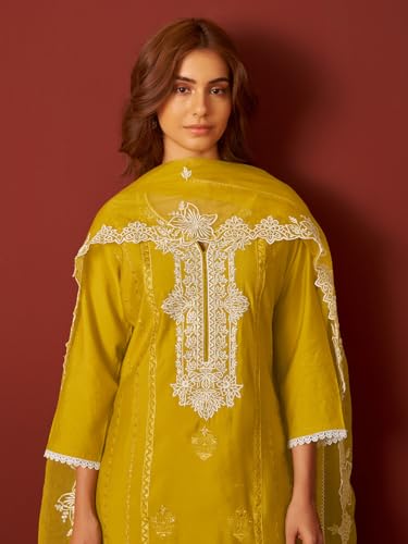 Image of INDO ERA Women's Silk Blend Ethnic Motifs Embroidered Straight Kurta & Pant with Dupatta Set (RRSTR10158)