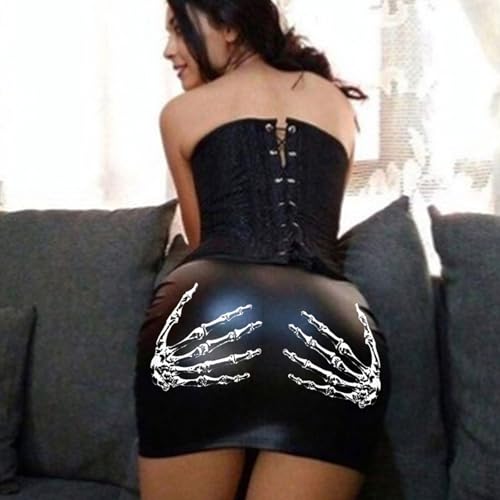 Women High Waist PU Leather Bodycon Short Skirt Skeleton Hand Print Package Hip Slit Pencil Skirt for Club Party Wear Claret4