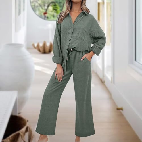 2 Piece Outfit for Women Casual Pajamas Lounge Set Lightweight Lapel Button Down Shirt Drawstring Wide Leg Pant Sets3