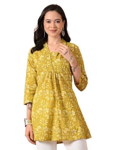 Image of Amazon Brand - Tavasya Women Ethnic Printed V-Neck Cotton Short A-line Kurta | Stylish Casual Everyday Office Top | 3 /4th Sleeve | Regular Fit