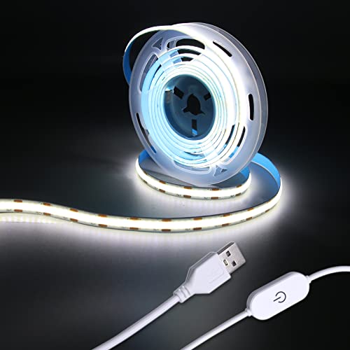 UVTaoYuan Led Strip Lights 5V USB 6.56ft/2m 640 LEDs Touch stepless Dimmable USB COB LED Strip Light 6000K White 10W Flexible 5v led Lights for Bedroom Kitchen,DIY Lighting Room Decor tv led Lights