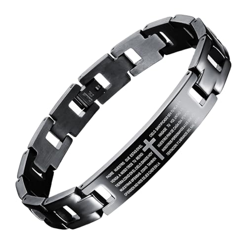 Pulsera de acero inoxidable negra con cruz y texto bíblico miniatura 1