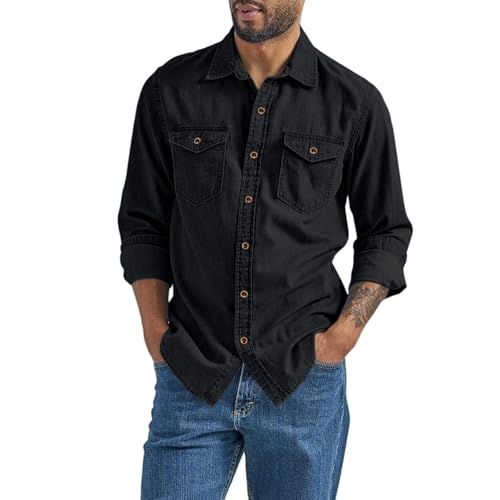 La mejor selección de Mezclilla Negra los preferidos por los clientes. 48 Camisa de mezclilla con botones para hombre, camisetas de manga larga con bolsillos, ajuste clásico, ropa clásico de vaquero occidental, Negro -, M