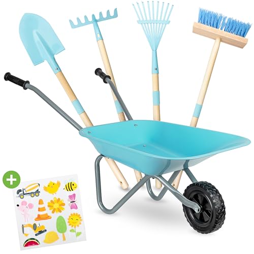 PHIBER-SPORTS Brouette pour enfants + outils de jardin pour enfants en métal - Brouette pour enfants avec outils de jardin : pelle, balais, râteau pour enfants, râteau à feuilles + autocollants