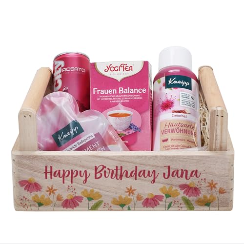 Herz & Heim Geschenkset für Frauen mit Beauty-Produkten in personalisiertem Geschenkkorb aus Holz, Motivauswahl (Blumen)