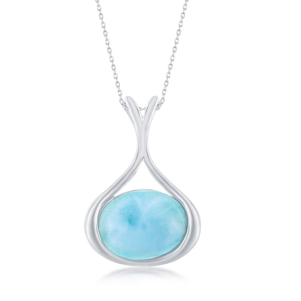 Beaux Bijoux Sterling Silver Blue Larimar Necklace for Women - Natural Larimar Jewelry - Blue Larimar Stones - 18 inch Oval-Shaped Pendant Necklace -