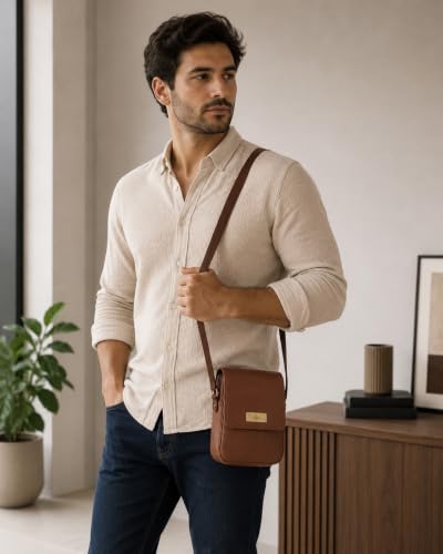 Image of Allen Cooper Premium Leather Sling Bag for Men | Crossbody Messenger Bag with Adjustable Shoulder Strap | Travel Organizer Shoulder Bag for Daily Use, Office & Outdoor Carry