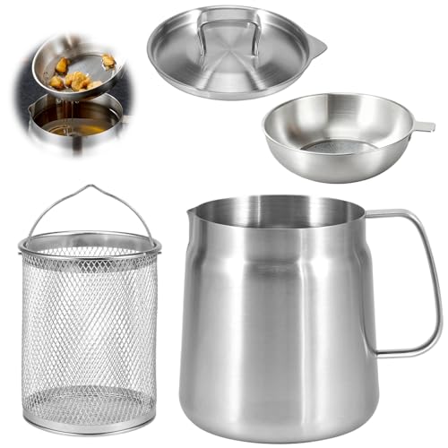Colador de grasa profunda, olla de filtro de aceite de acero inoxidable 304 con cesta de filtro, tapa a prueba de polvo y bandeja antideslizante con asa, recipiente de grasa de tocino, tanque de