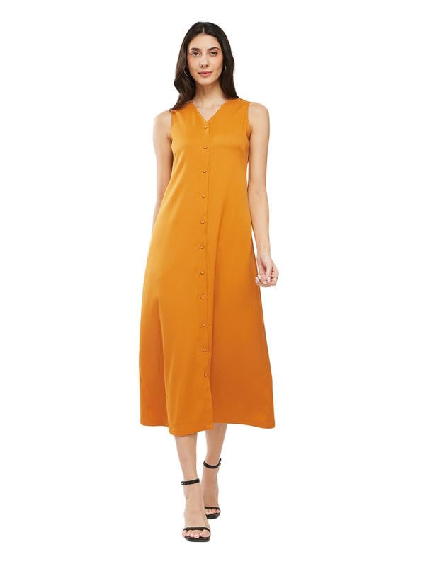 Image of FableStreet Women Casual Midi Cotton Button Down A-Line Dress | Button Down Flowly Dress Perfect for Outings