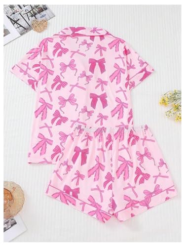 SHENHE Women's 2 Piece Pajama Set Bow Graphic Button Down Short Sleeve Lapel Shirt Pj Short Set2