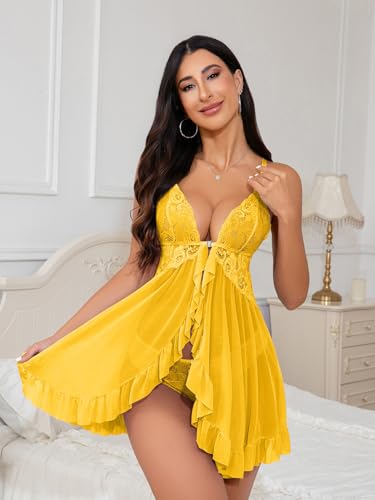 Image of Foxiny Sexy Open Front V Neck Ruffle Sheer Mesh Lace Wireless Babydoll Lingerie Dress with Thong 2 Piece