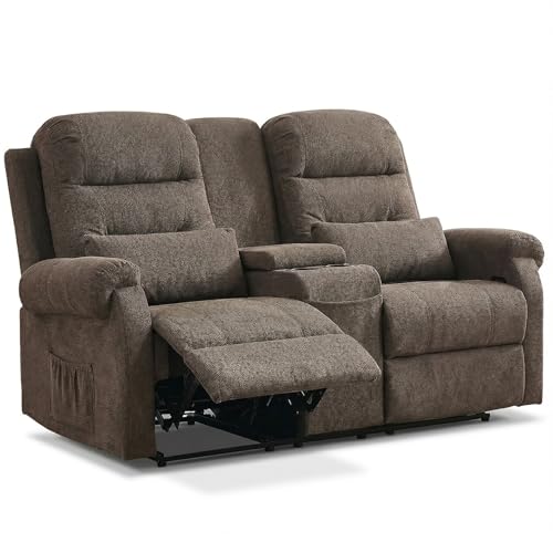 Image of RV Loveseat Recliner with Console, Reclining Loveseat Sofa, Manual Home Theater Seating with Pockets /Cup Holders for Living Room /RV Furniture (Coffee Chenille)