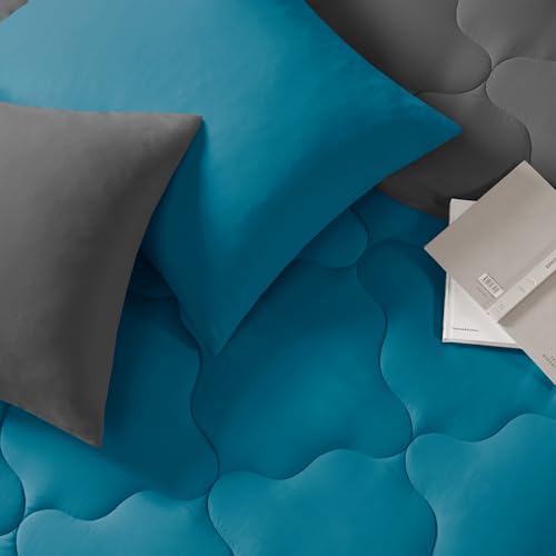 Image of Comfort Spaces Vixie Reversible Comforter Set - Trendy Casual Geometric Quilted Cover, All Season Down Alternative Cozy Bedding, Matching Sham, Teal /Charcoal, Twin /Twin XL 2 piece