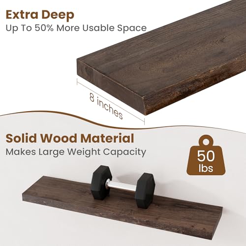 Image of Floating Shelves for Wall Decor, Rustic Solid Elm Wood Live Edge Floating Shelves Wall Mounted, Wall Shelves with Invisible Bracket for Living Room Bathroom Bedroom Kitchen, 32 Inch Set of 2, Walnut