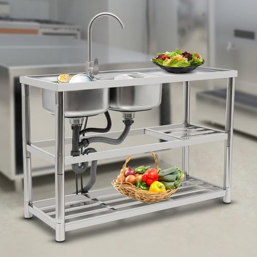 Edelstahl Spültisch Freistehende Küchenspüle 2 Becken 3 Ebenen Spülbecken Gastro Spüle mit Kalt und Warm Wasserhahn, Gewerbliche Edelstahlspüle für Restaurant Inkl. Zubehör 120x45x80 cm