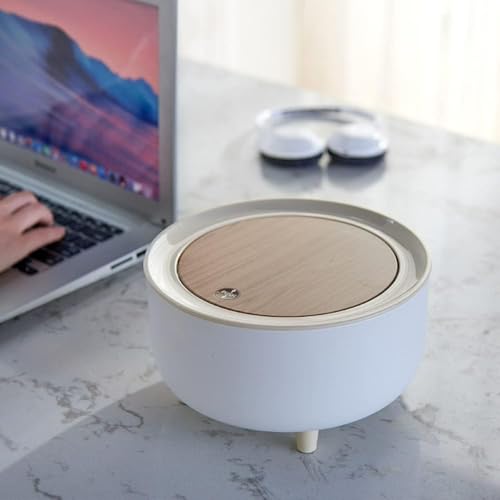 Image of Mini Portable Tabletop Dustbin, Mini Trash Can with Lid - Wastebasket for Bathroom Vanity, Desktop, Tabletop-Round(Square Press - White) (off white)