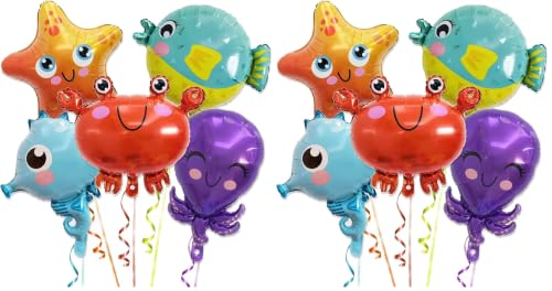 Image of Atpata Funky 5pcs Aquatic Theme Foil Balloons Set - Starfish, Seahorse, Octopus, Crab, and Fish Shapes - For Underwater Ocean Party Decorations for unisex Kids Birthday Celebrations (Pack of 2)