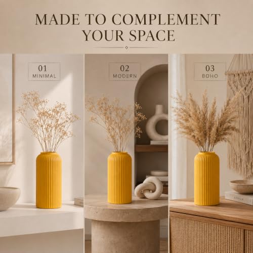 Image of Yellow Ribbed Ceramic Flower Vase 6 Inch Matte Pampas Grass & Dried Flower Vase for Home & Office Table Decor Decorative Centerpiece Gift - Vase Only