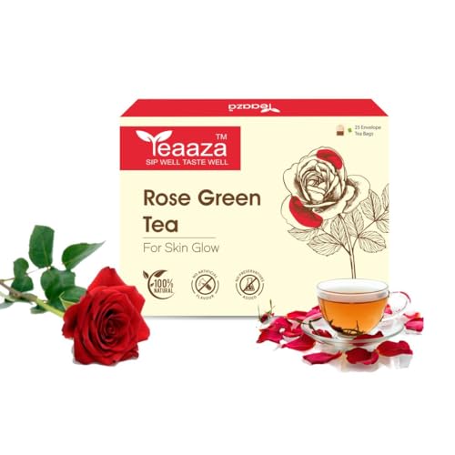 Image of Teaaza Rose Green Tea Bags | 25 Pieces | For Glowing Skin | Made with 100% Whole Leaf & Natural Rose Petals