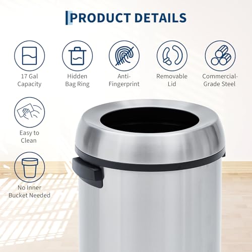 Image of Garvee 17 gal /65 L Trash Can, Fingerprint-Proof Stainless Steel Open Top Garbage Can, Heavy Duty Commercial Round Trash Bin for Restaurant, Home, Office, Silver