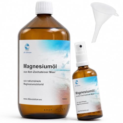Life Solution - Zechstein Magnesiumöl - Pures Magnesium-Öl Spray - Massageöl - Muskelentspannungsöl - Zechstein Öl mit Sprühflasche/Trichter - 1000ml