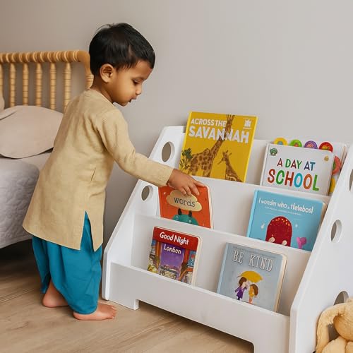Image of Premium Wooden Montessori Bookshelf for Toddlers & Kids | Splinter-Free | Wooden Toy & Book Organizer for Nursery & Study Room | Eco-Friendly & Durable Gift Handmade (White)