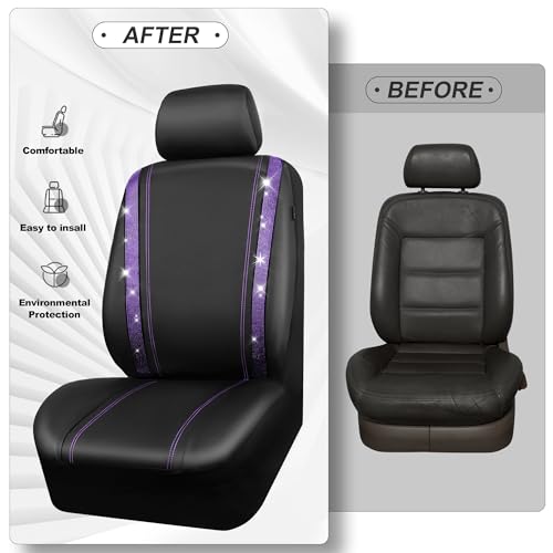 Image of CAR PASS Leather Diamond Bling Car Seat Cover 2 Front Interior Sets, Waterproof Universal Shining Glitter Crystal Sparkle Fit for 95% Automotive Truck SUV Cute Women Girl, Black Purple Rhinestone