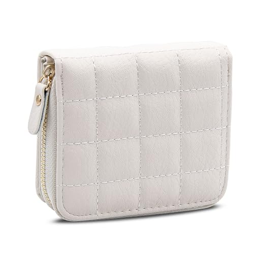 LJCZKA Small Wallet for Women Girls Bifold Quilted Leather Pocket Wallet Accordion Card Holder Wallet Compact Wallet (White)
