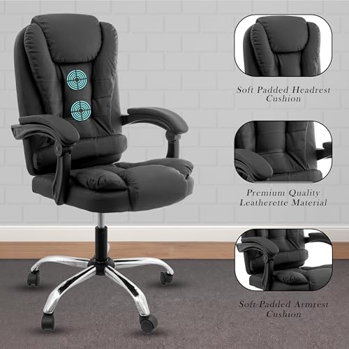 Image of NORMAN JR Italia Premium Leatherette Office Chair for Work | Boss Chair, Ergonomic Executive, Luxurious Cushioned Arms & Seat, 2 Point Back Massager, Heavy Duty Metal Base (Black)