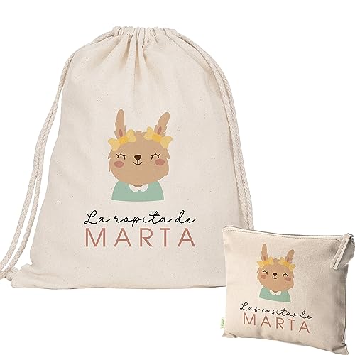 Pack Bolsa y neceser personalizado guardería escuela infantil Mochila con el nombre regalo original saco ropita preescolar algodón orgánico merienda organizadora Conejo