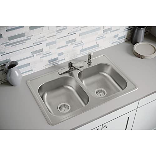 Image of Dayton Stainless Steel 33 inch x 22 inch x 7-1 /16 inch, 4-Hole Equal Double Bowl Drop-in Sink and Faucet Kit