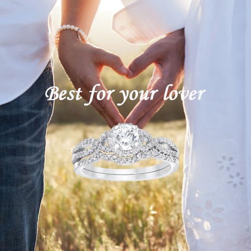 Real 10K 14K 18K Gold Moissanite Wedding Ring Sets for Women, Customized 0.5-3 CT Round Halo Moissanite Infinity Engagement Band Bridal Promise Rings Set Pave Set 2 Pieces Free Engraving3